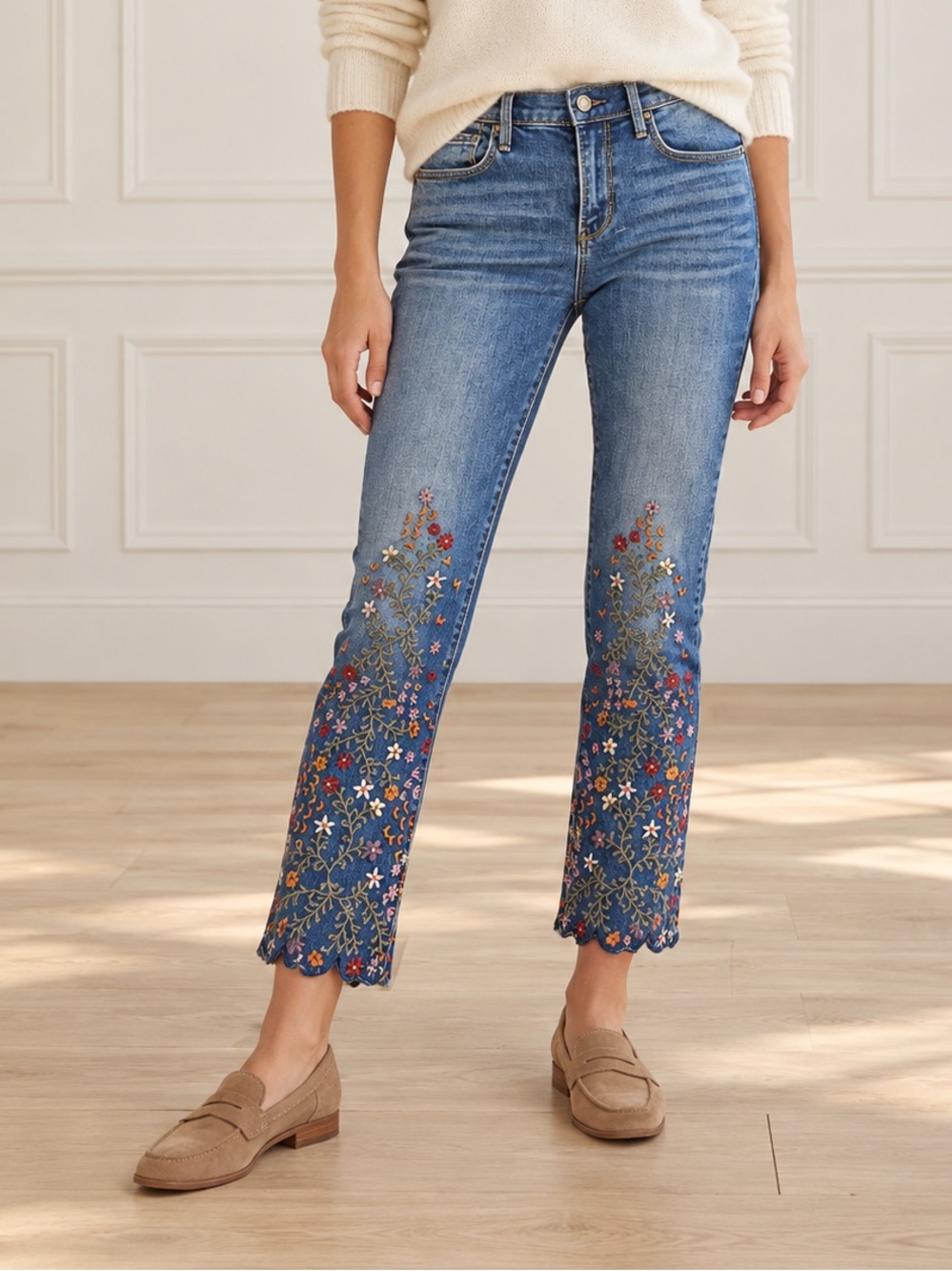 Driftwood Colette Jeans Sz 27 Floral Embroidered Cropped Slim Scallop Hem Boho
